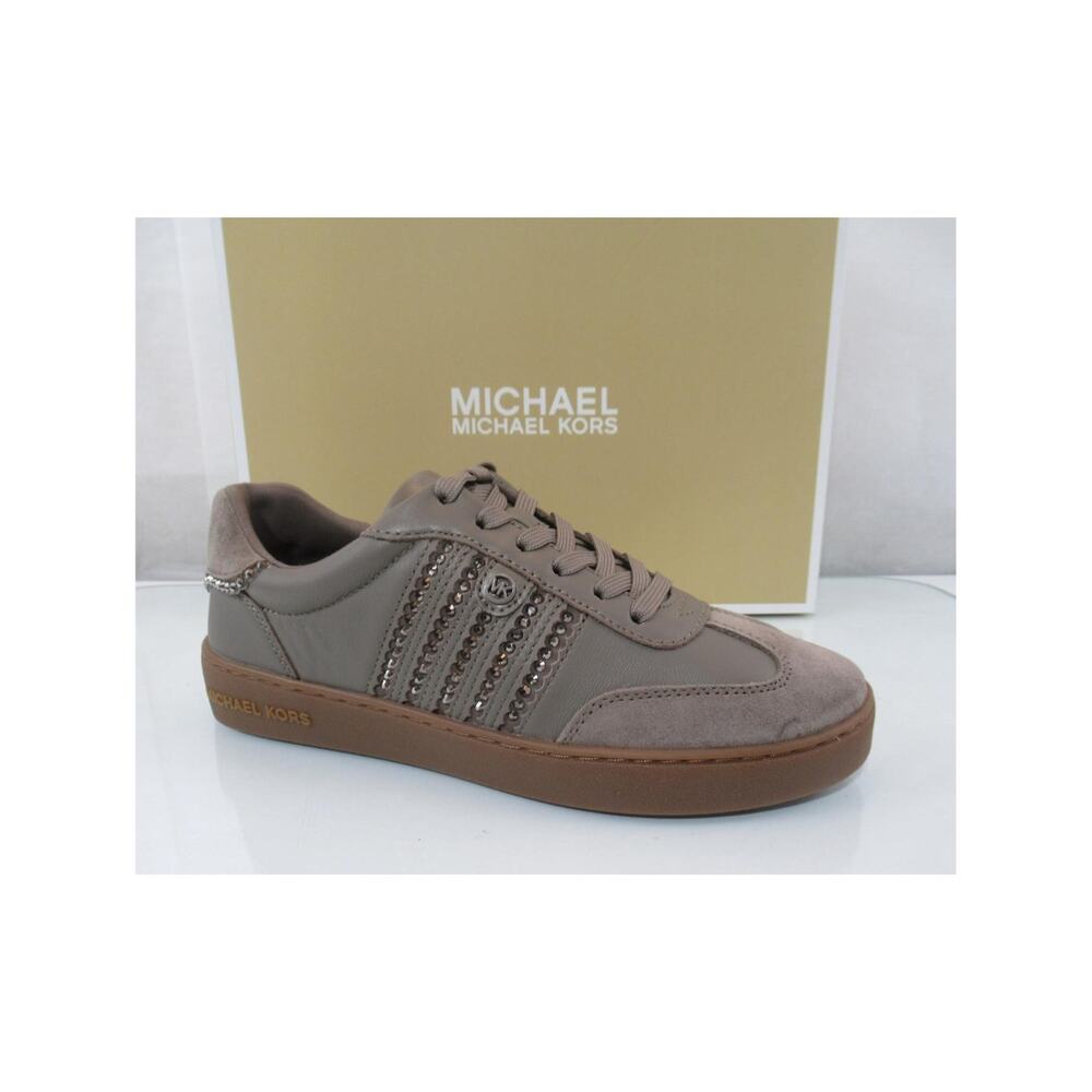Michael Kors Scotty Lace Up Sneakers Rhinestone MK Leather Birch Brown